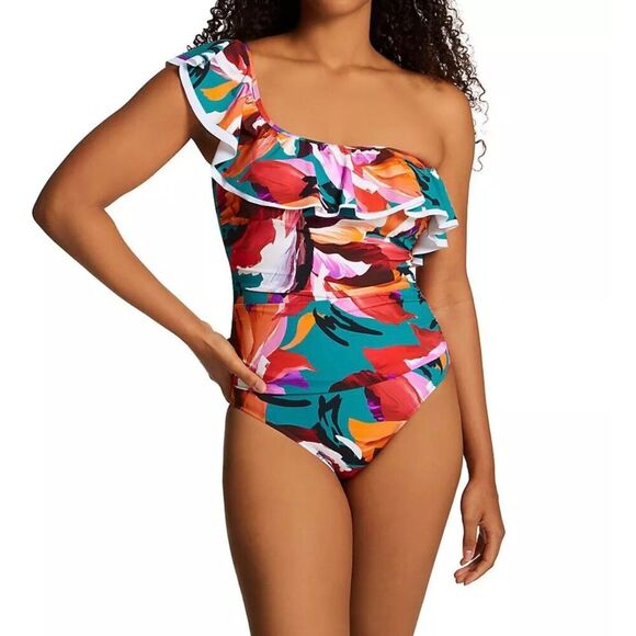 Profile By Gottex Sugar & Spice One Shoulder Ruffle Tropical Floral Swimwear - Picture 1 of 9